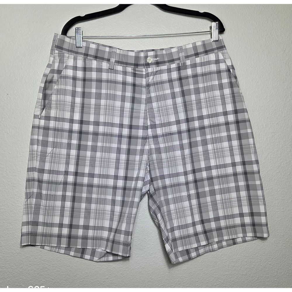 Grand Slam Mens Grey White Plaid Golf Shorts Size 36 Flat Front Polyester BF550